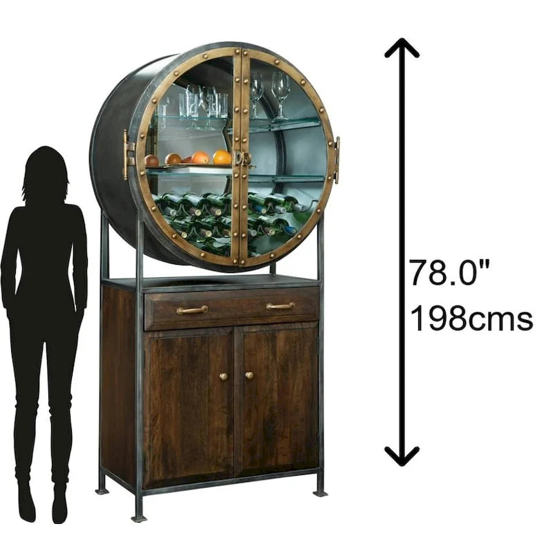 Meuble de bar et casier à vin en bois brun et métal gris
