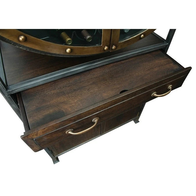 Meuble de bar et casier à vin en bois brun et métal gris