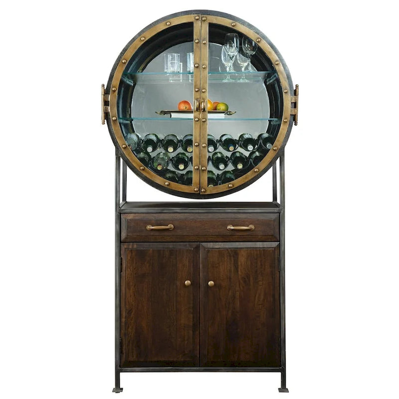 Meuble de bar et casier à vin en bois brun et métal gris