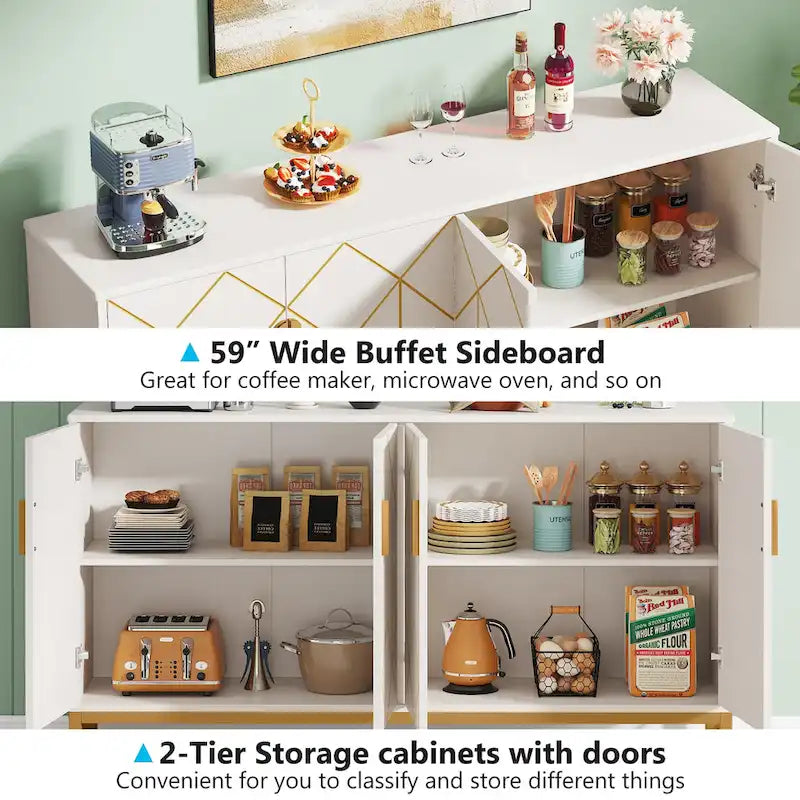 Buffet en or blanc avec rangement, buffet de cuisine