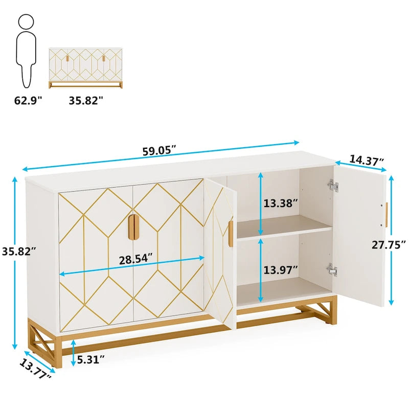 Buffet en or blanc avec rangement, buffet de cuisine
