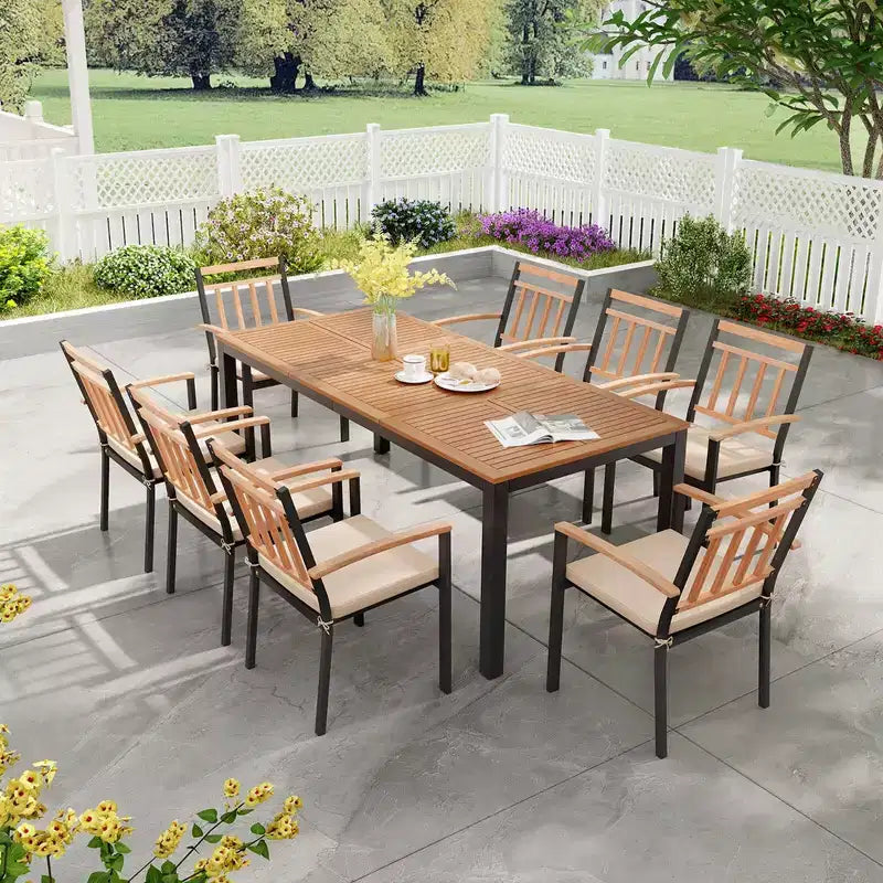 Costway 9 PCS Outdoor Dining Table & Chairs Set Table with Acacia Wood Top Umbrella Hole