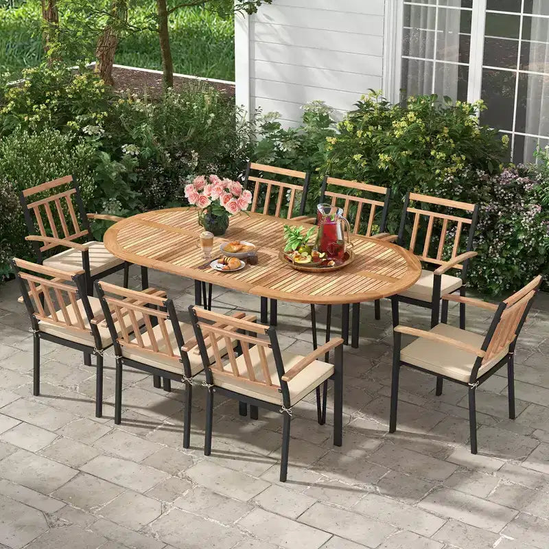 Costway 9 Pieces Outdoor Dining Set with Acacia Wood Top & Umbrella Hole Metal Frame