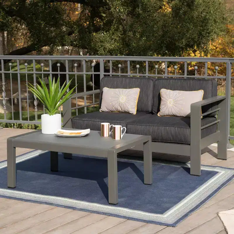 GDFStudio Liam Outdoor Aluminum Loveseat and Coffee Table Set with Cushions, Gray/Dark Gray