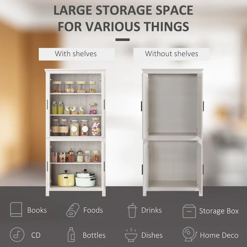 Garde-manger de cuisine autoportant de 162,5 cm à 4 portes avec 3 étagères réglables