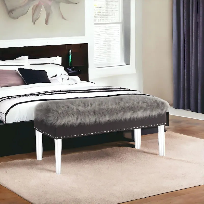 42 Gray and Clear Upholstered Faux Fur Bench with Flip Top