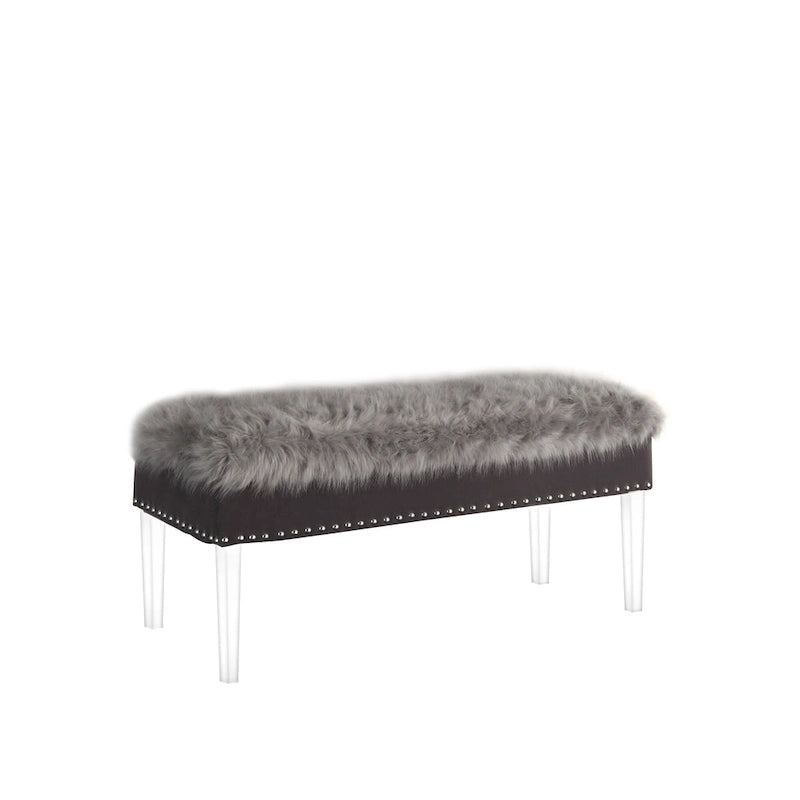 42 Gray and Clear Upholstered Faux Fur Bench with Flip Top