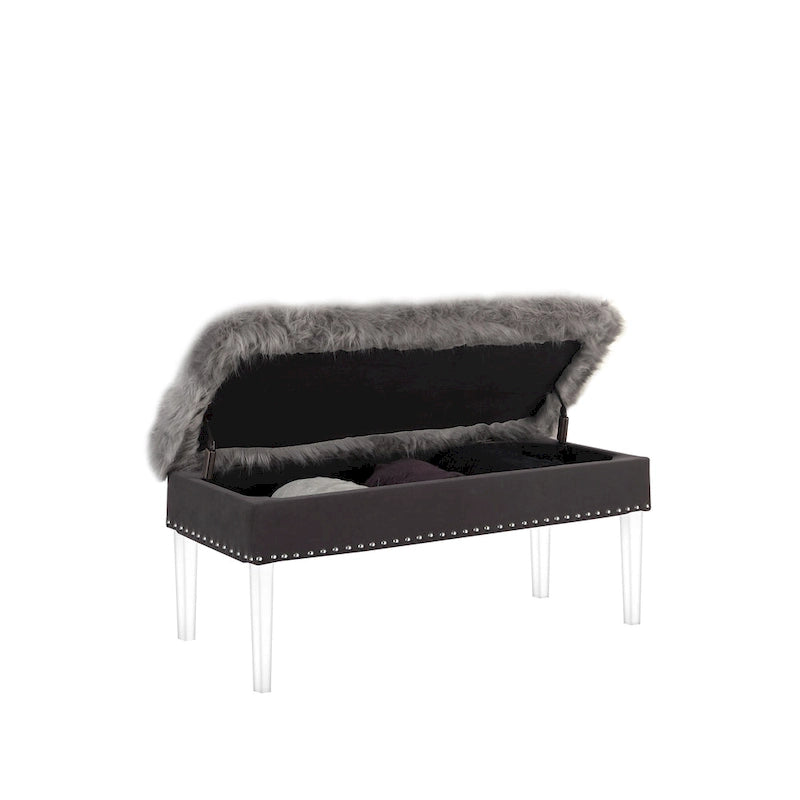 42 Gray and Clear Upholstered Faux Fur Bench with Flip Top