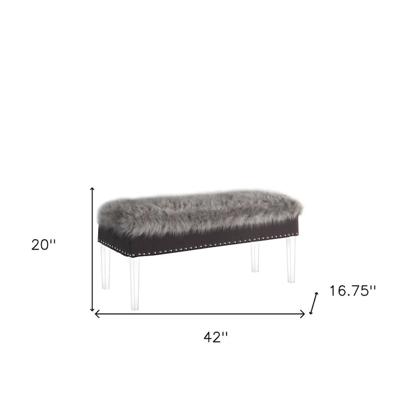 42 Gray and Clear Upholstered Faux Fur Bench with Flip Top