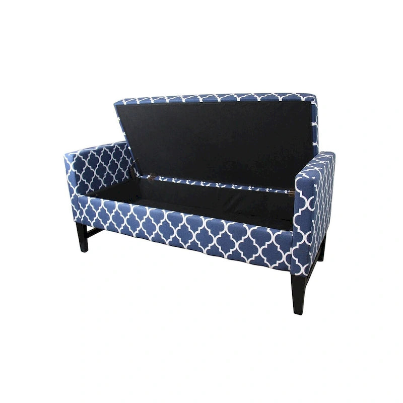 Banc de rangement en bois foncé à motif de quatrefeuilles bleu et blanc