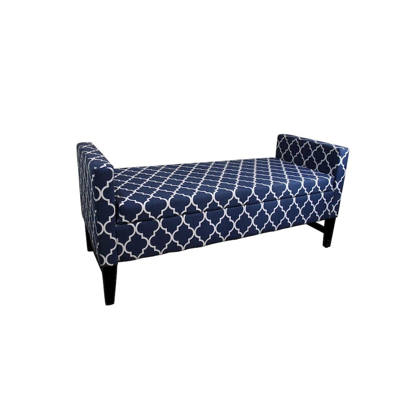 Banc de rangement en bois foncé à motif de quatrefeuilles bleu et blanc