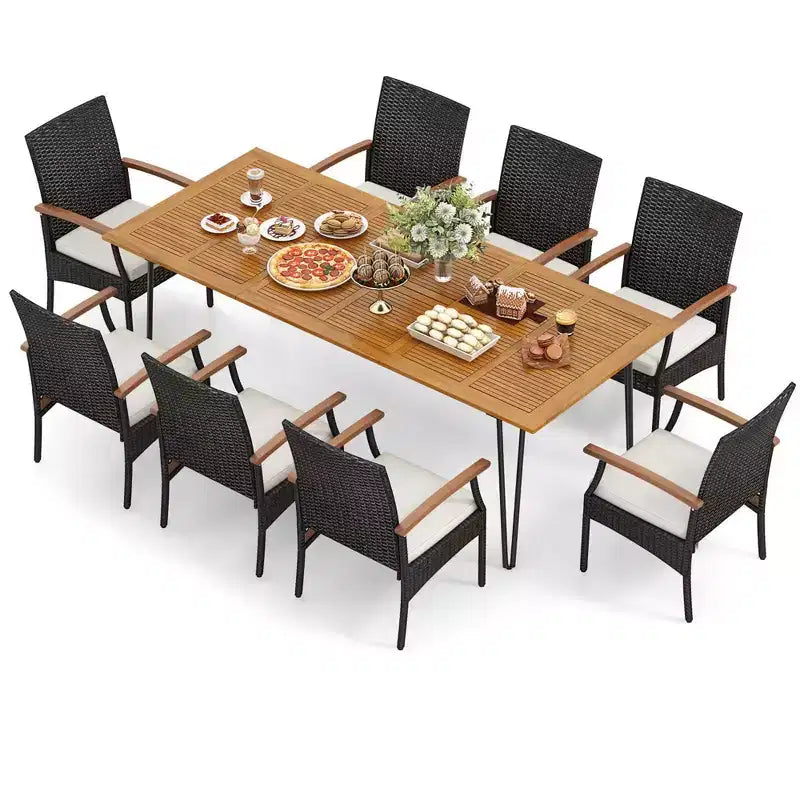 Costway 9 PCS Outdoor Patio Dining Set Armchairs Set of 8 and Acacia Wood Square Table