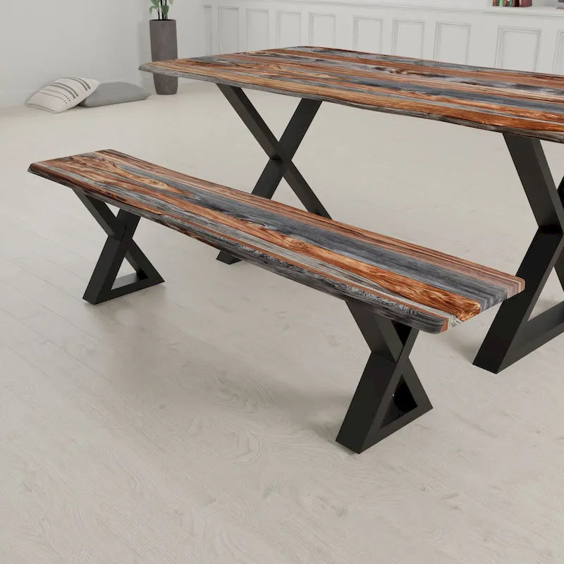 Banc en bois massif avec piètement en X noir thermolaqué