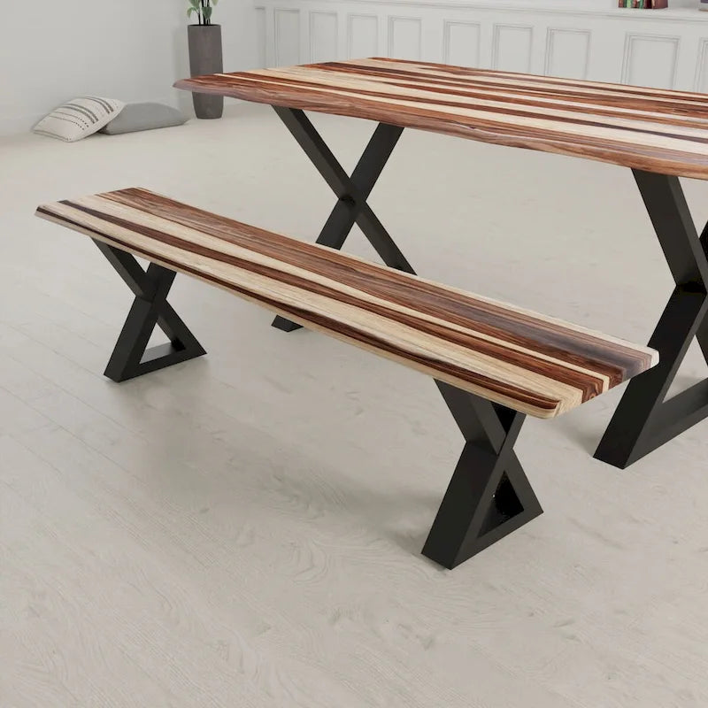 Banc en bois massif avec piètement en X noir thermolaqué