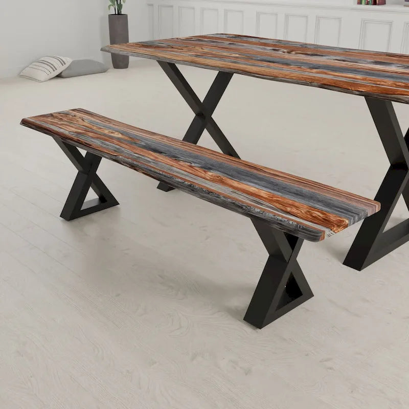 Banc en bois massif avec piètement en X noir thermolaqué