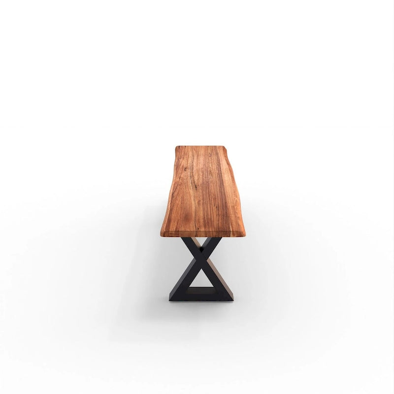 Banc en bois massif avec piètement en X noir thermolaqué