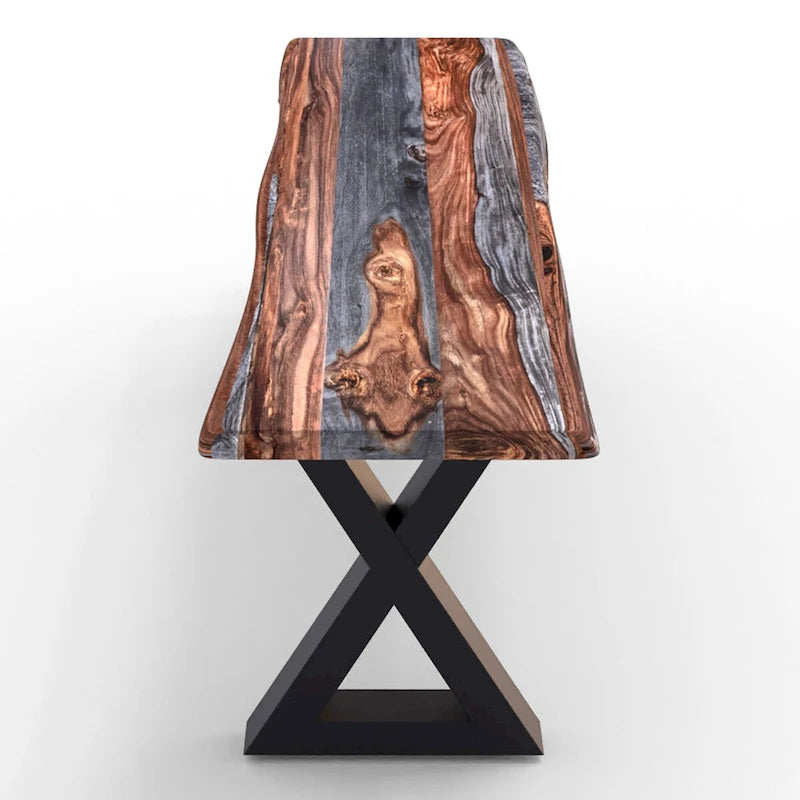 Banc en bois massif avec piètement en X noir thermolaqué