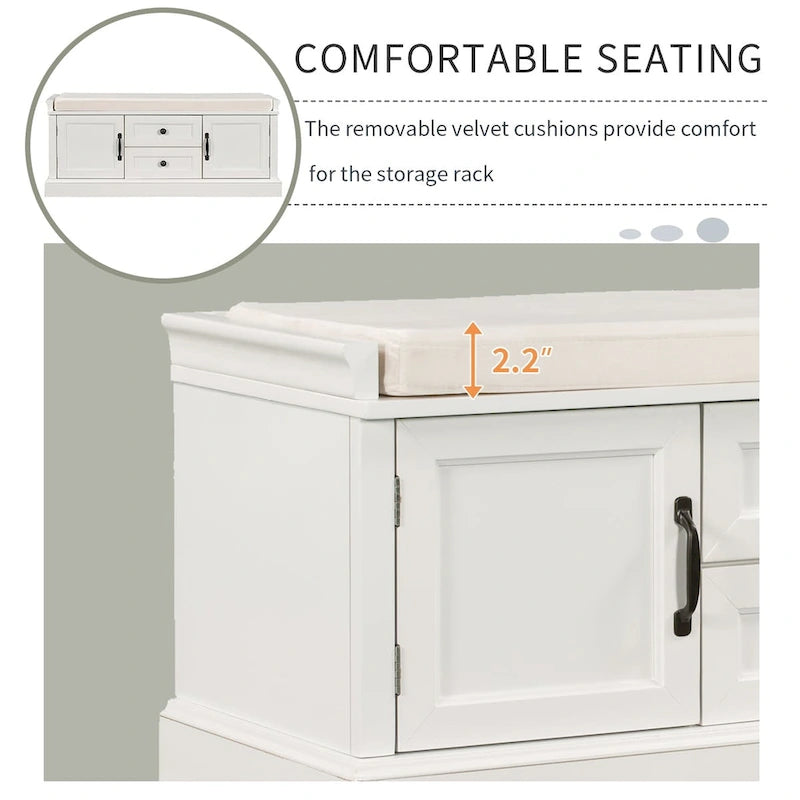 Banc de rangement avec 2 tiroirs et 2 placards, coussin amovible