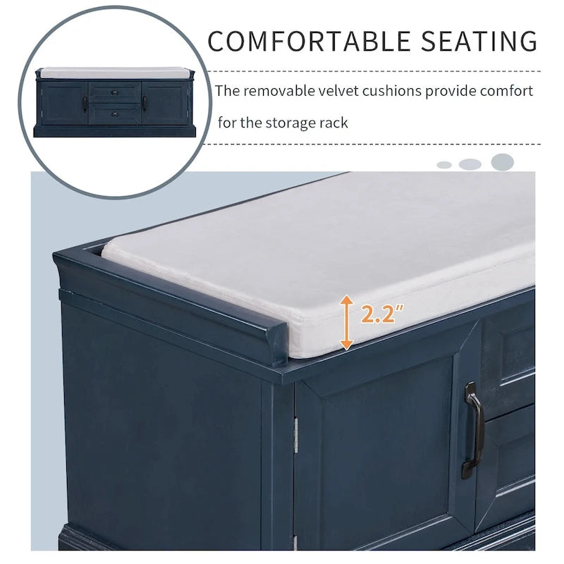 Banc de rangement avec 2 tiroirs et 2 placards, coussin amovible