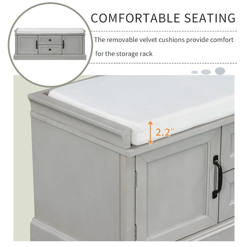 Banc de rangement avec 2 tiroirs et 2 placards, coussin amovible