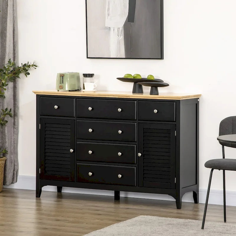 Buffet avec tiroirs de rangement, plateau en bois d'hévéa et étagères réglables, noir