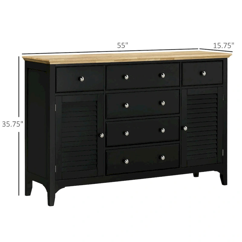 Buffet avec tiroirs de rangement, plateau en bois d'hévéa et étagères réglables, noir