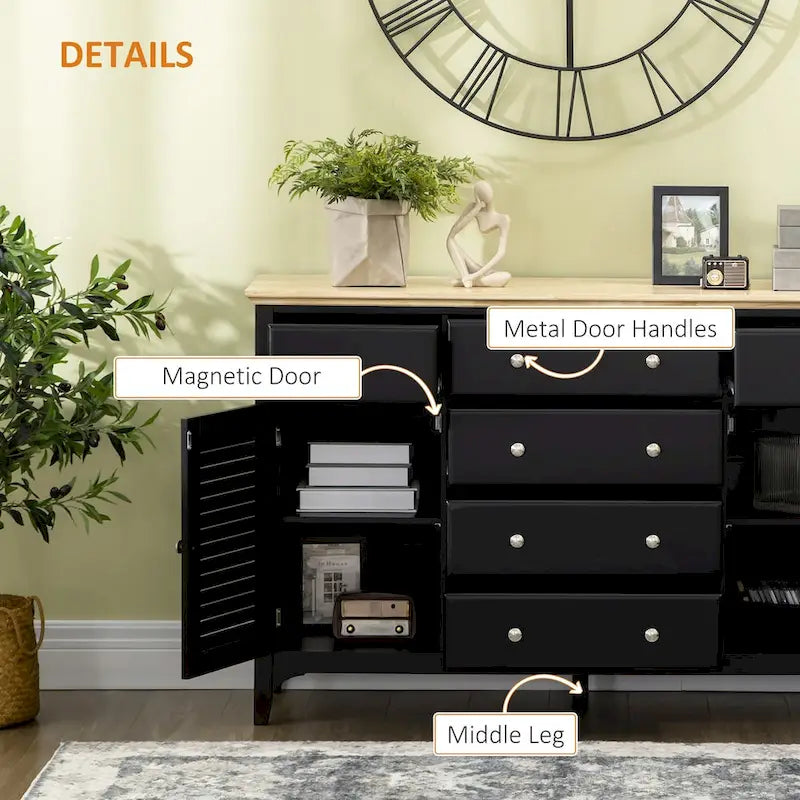 Buffet avec tiroirs de rangement, plateau en bois d'hévéa et étagères réglables, noir