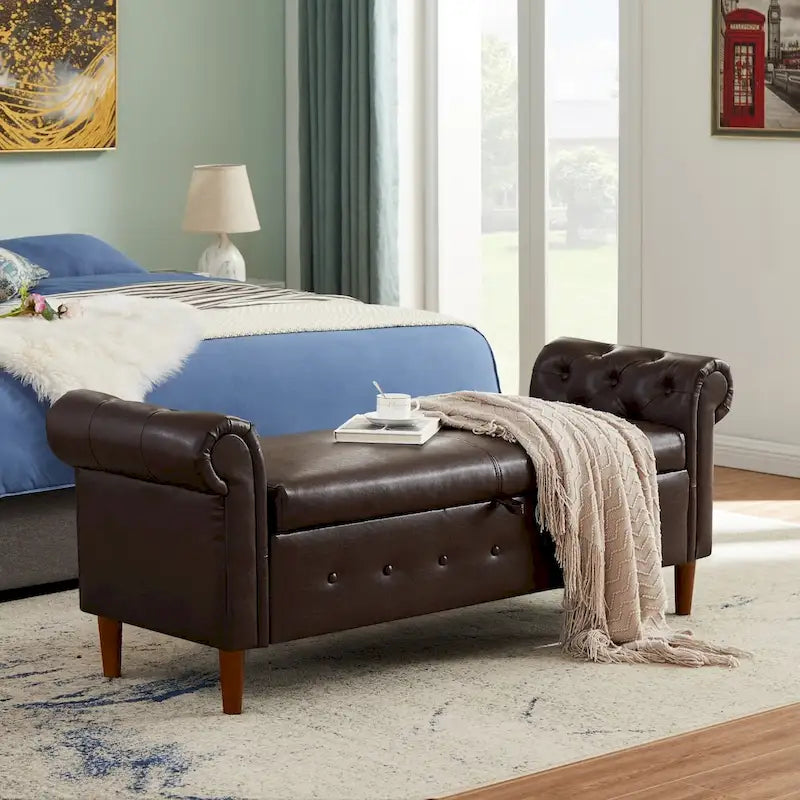 Banc de rangement ottoman armé avec cuir PU capitonné