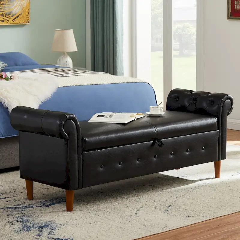 Armed Ottoman Storage Bench with Button Tufted PU Leather