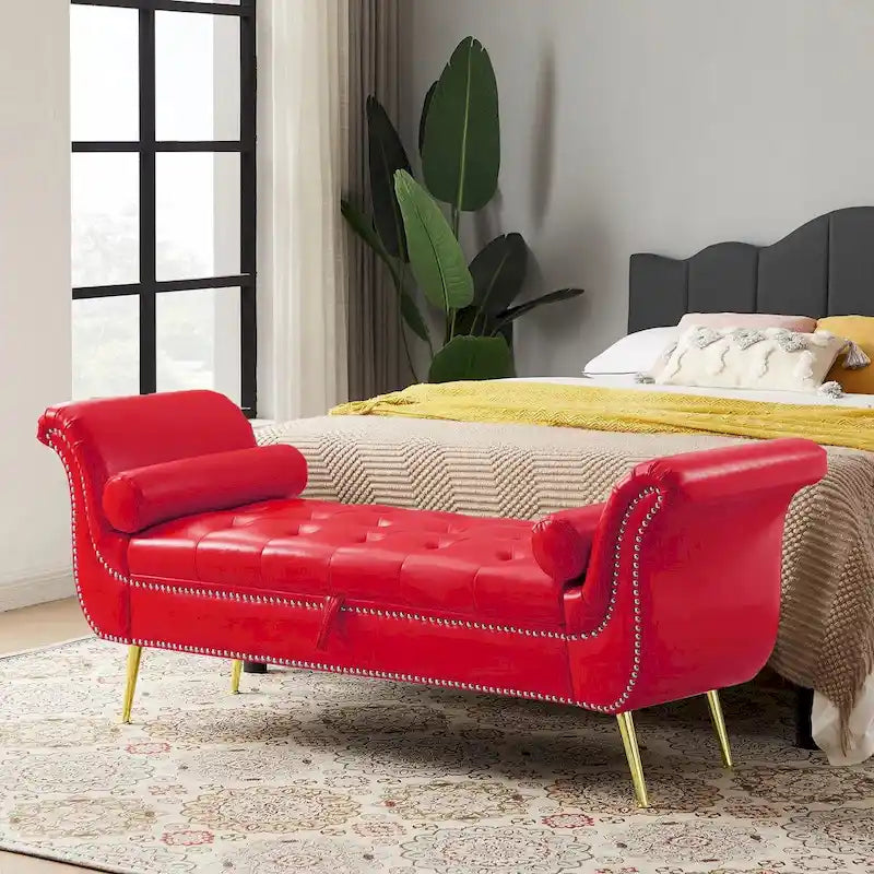 Armed Ottoman Storage Bench with Button Tufted PU Leather