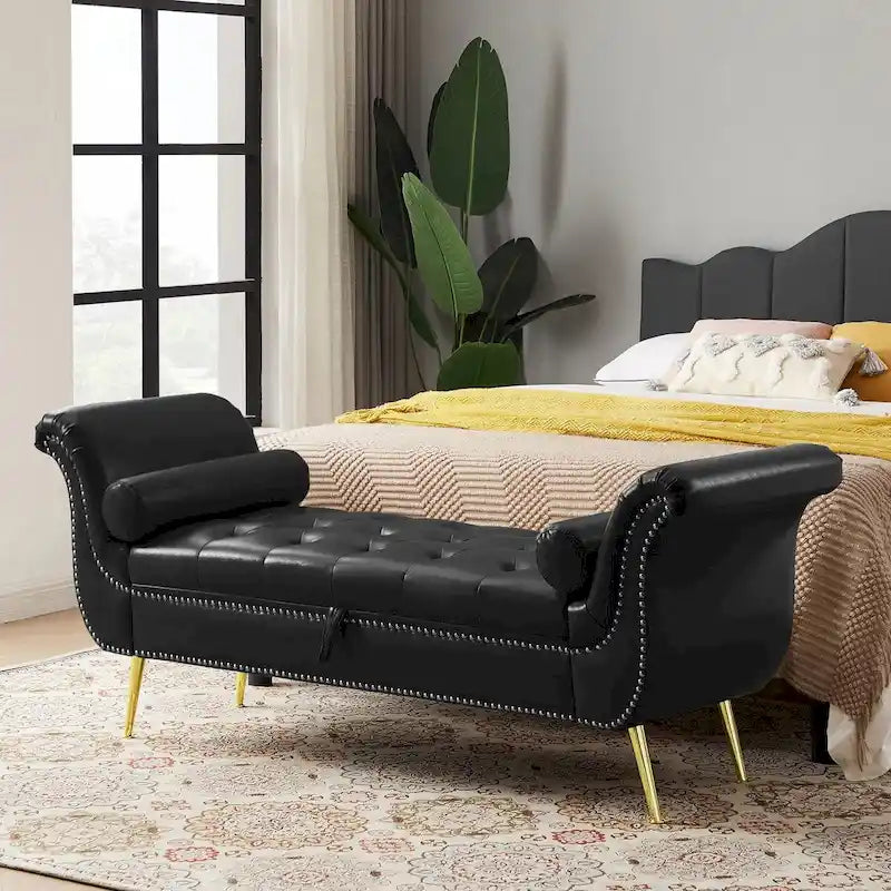 Armed Ottoman Storage Bench with Button Tufted PU Leather
