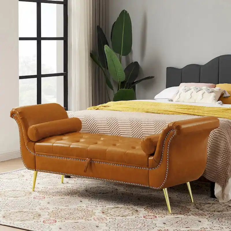 Armed Ottoman Storage Bench with Button Tufted PU Leather