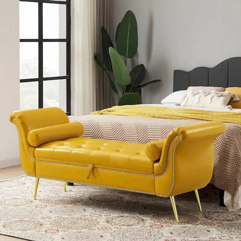 Armed Ottoman Storage Bench with Button Tufted PU Leather