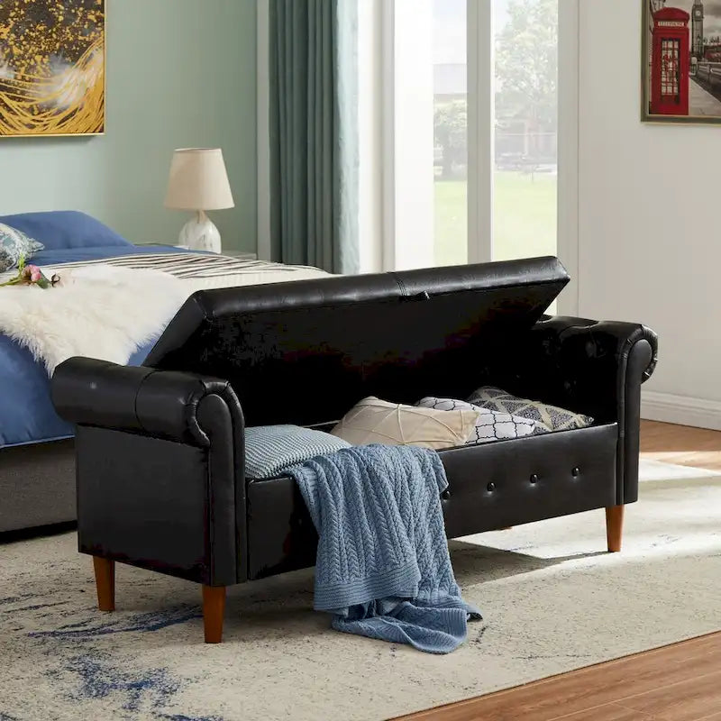 Banc de rangement ottoman armé avec cuir PU capitonné