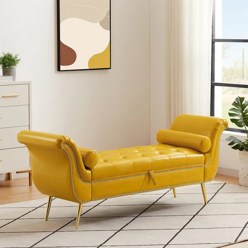 Armed Ottoman Storage Bench with Button Tufted PU Leather