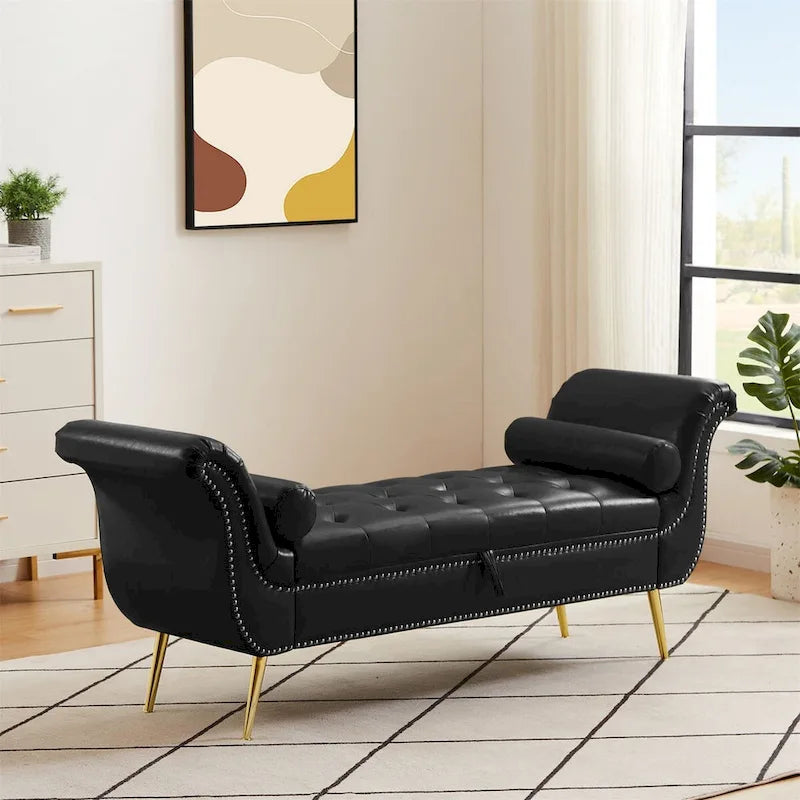 Armed Ottoman Storage Bench with Button Tufted PU Leather