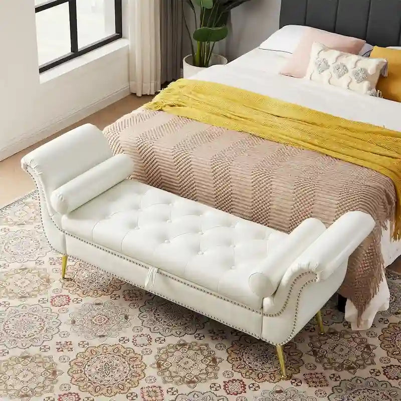 Armed Ottoman Storage Bench with Button Tufted PU Leather