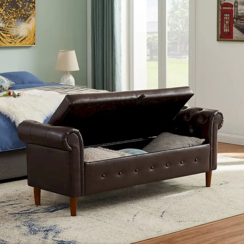 Banc de rangement ottoman armé avec cuir PU capitonné