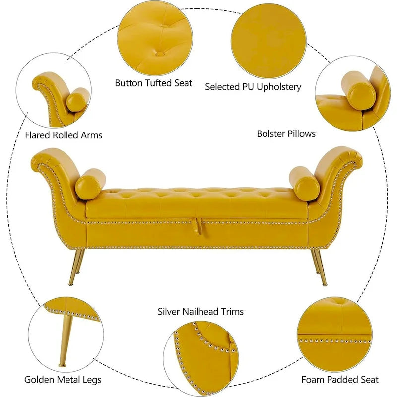 Banc de rangement ottoman armé avec cuir PU capitonné