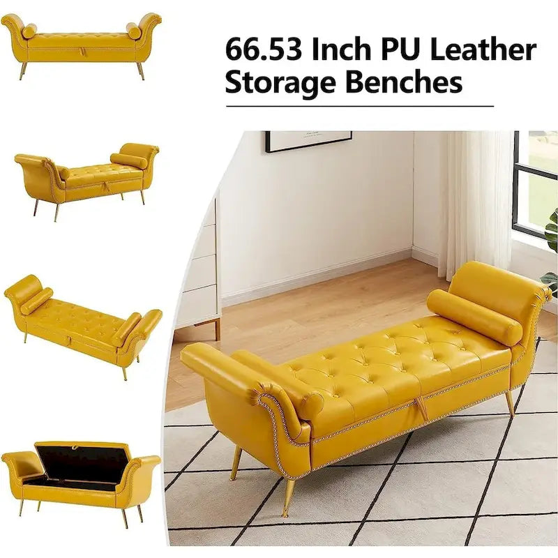 Banc de rangement ottoman armé avec cuir PU capitonné