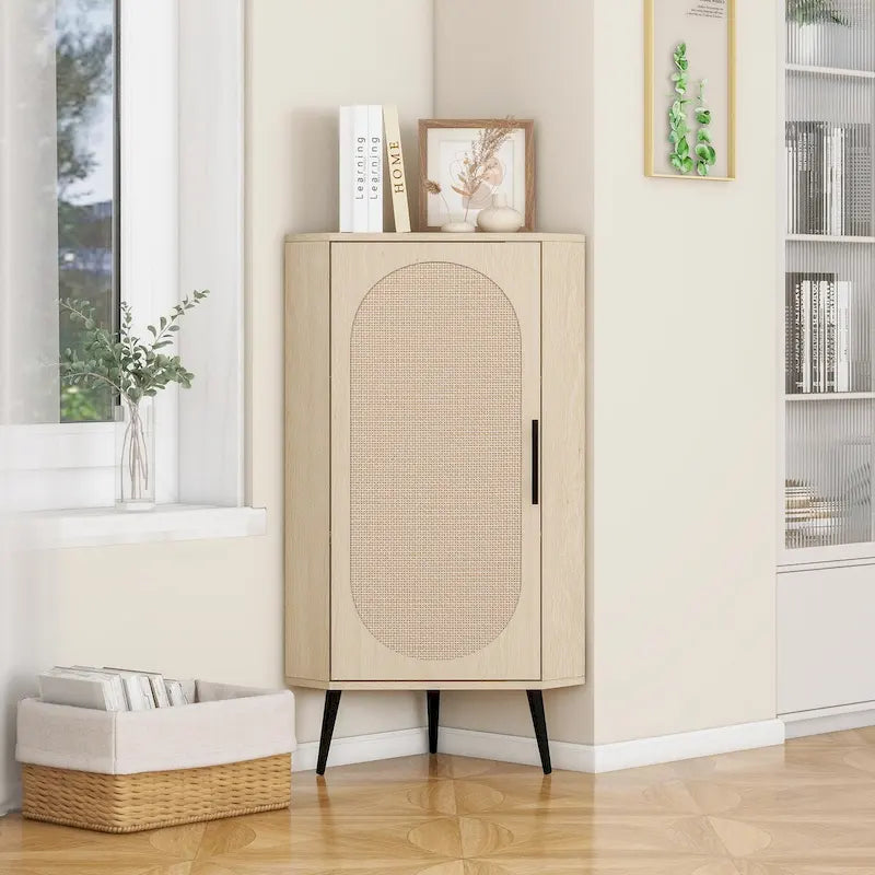 Meuble d'angle autoportant avec porte en rotin pour petits espaces