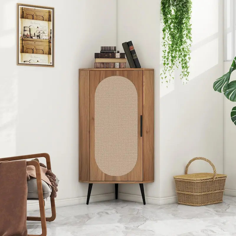 Meuble d'angle autoportant avec porte en rotin pour petits espaces