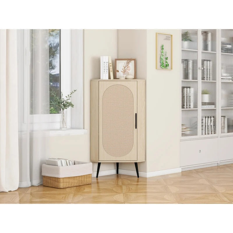 Meuble d'angle autoportant avec porte en rotin pour petits espaces