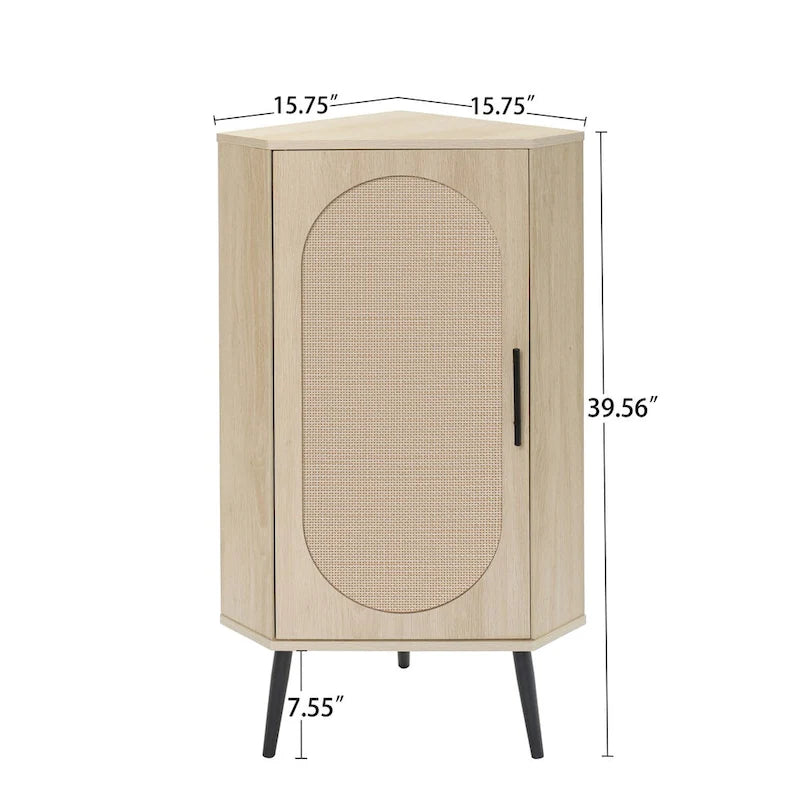 Meuble d'angle autoportant avec porte en rotin pour petits espaces