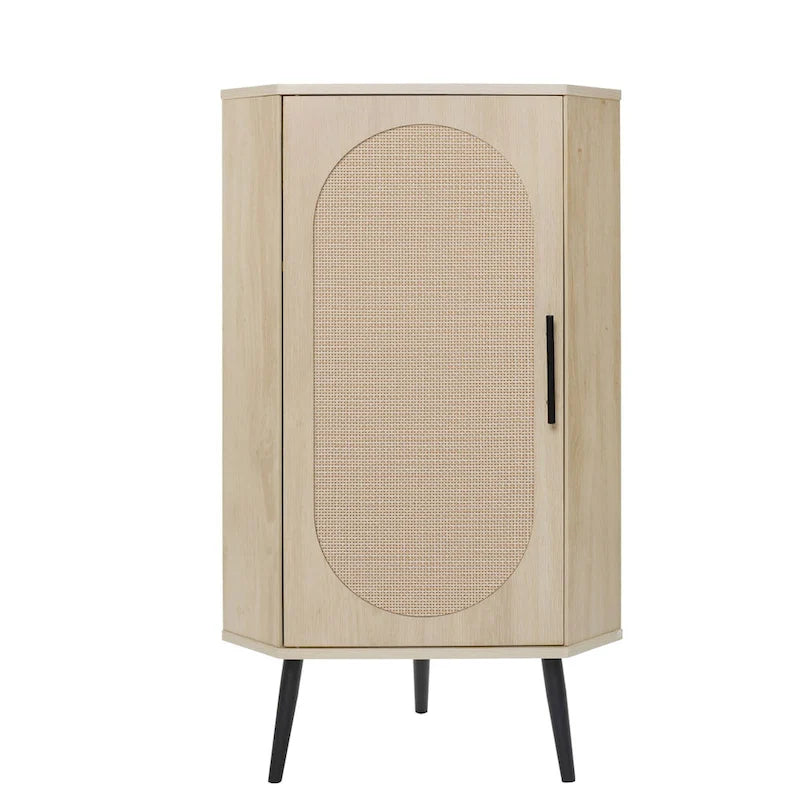 Meuble d'angle autoportant avec porte en rotin pour petits espaces