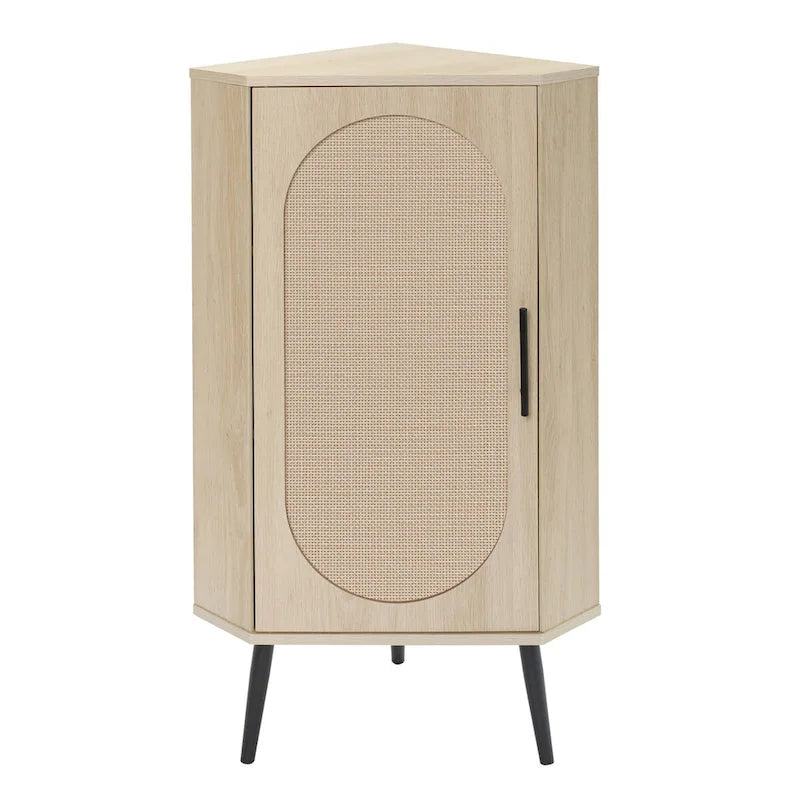 Meuble d'angle autoportant avec porte en rotin pour petits espaces