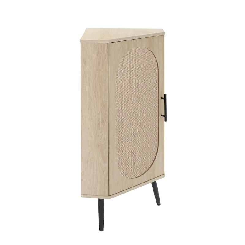 Meuble d'angle autoportant avec porte en rotin pour petits espaces
