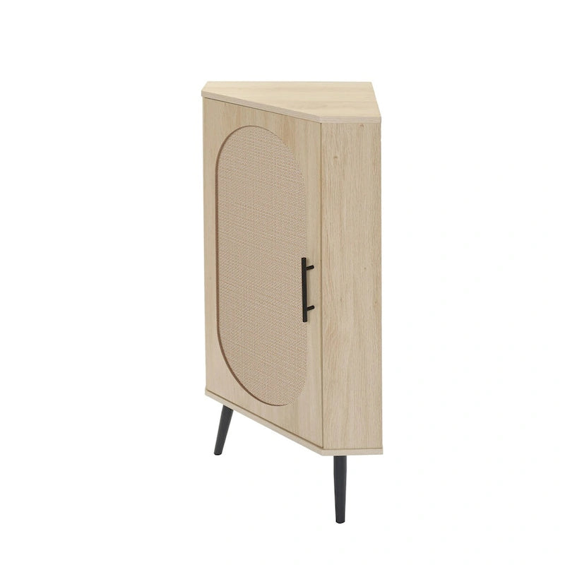 Meuble d'angle autoportant avec porte en rotin pour petits espaces