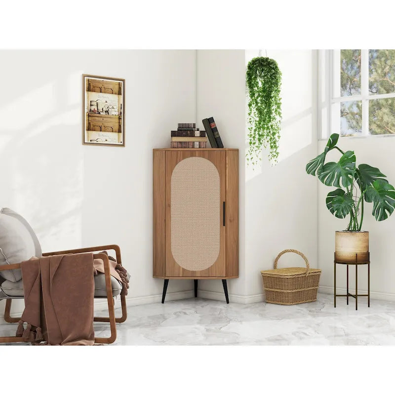 Meuble d'angle autoportant avec porte en rotin pour petits espaces