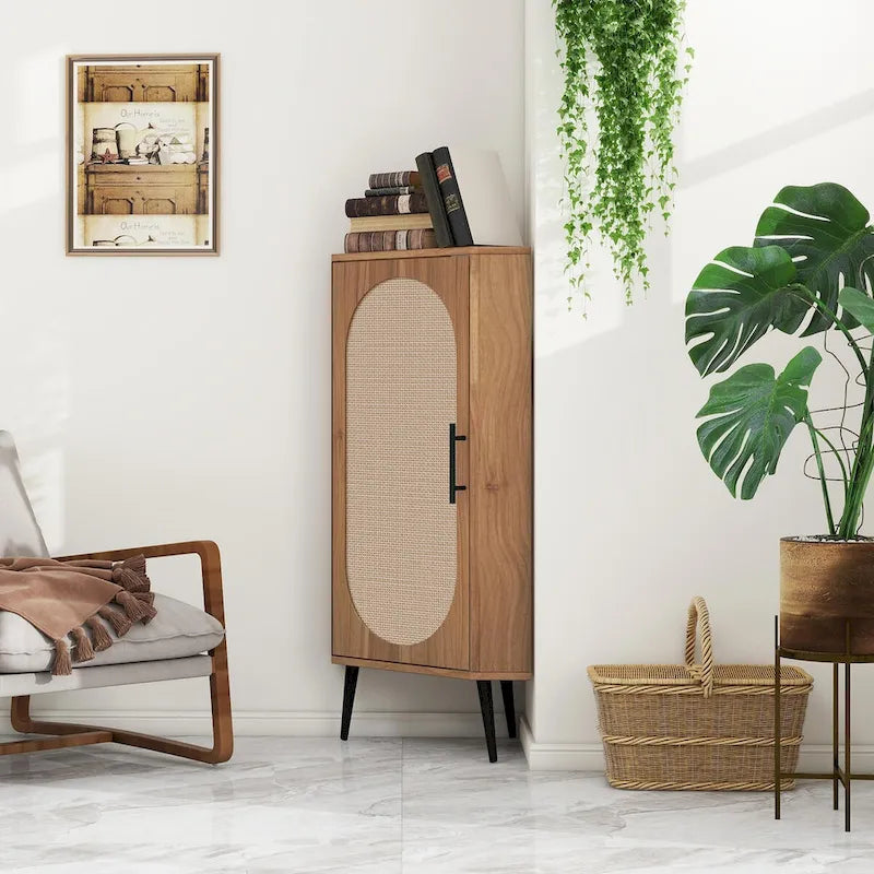 Meuble d'angle autoportant avec porte en rotin pour petits espaces
